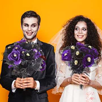 12 Pieces Halloween Decorations Purple Black Roses Halloween Flowers with Skulls Gothic Faux Rose Bouquets Artificial Fake Rose Black Rose Skull Flowers for Wedding Halloween Party Home Decorations