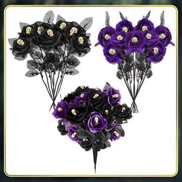 12 Pieces Halloween Decorations Purple Black Roses Halloween Flowers with Skulls Gothic Faux Rose Bouquets Artificial Fake Rose Black Rose Skull Flowers for Wedding Halloween Party Home Decorations