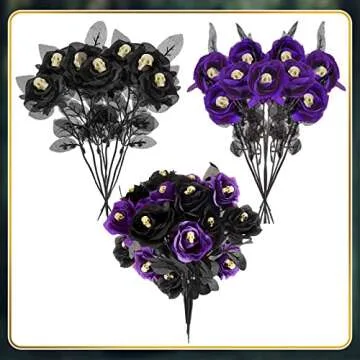 12 Pieces Halloween Decorations Purple Black Roses Halloween Flowers with Skulls Gothic Faux Rose Bouquets Artificial Fake Rose Black Rose Skull Flowers for Wedding Halloween Party Home Decorations