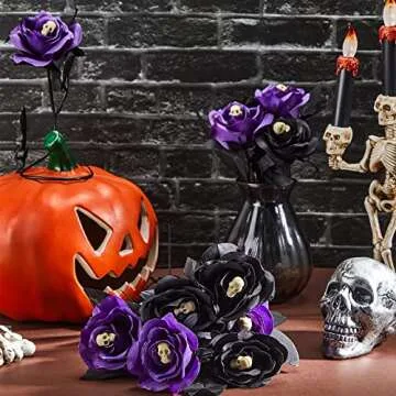 12 Pieces Halloween Decorations Purple Black Roses Halloween Flowers with Skulls Gothic Faux Rose Bouquets Artificial Fake Rose Black Rose Skull Flowers for Wedding Halloween Party Home Decorations