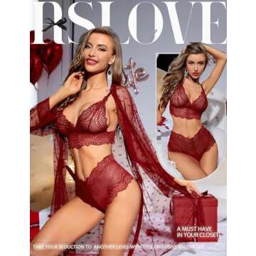 RSLOVE Women Sexy Lingerie Set 3 Piece Lace Kimono Robe with Bra and Panty Sheer Sleepwear Wine Red ...