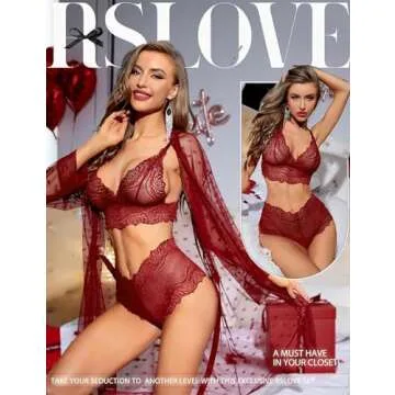 RSLOVE Women Sexy Lingerie Set 3 Piece Lace Kimono Robe with Bra and Panty Sheer Sleepwear Wine Red ...