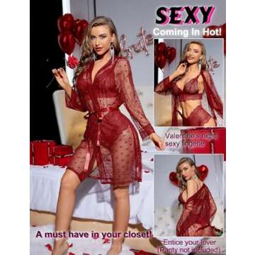 RSLOVE Women Sexy Lingerie Set 3 Piece Lace Kimono Robe with Bra and Panty Sheer Sleepwear Wine Red M