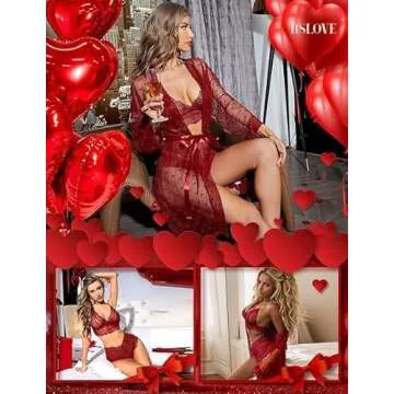 RSLOVE Women Sexy Lingerie Set 3 Piece Lace Kimono Robe with Bra and Panty Sheer Sleepwear Wine Red M