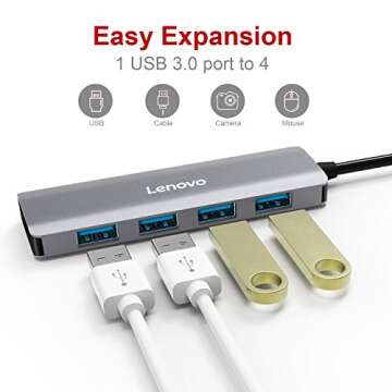 Lenovo USB 3.0 Hub, 4 Ports Aluminum USB 3.0 Data Hub, Slim And Portable, Compatible For USB Type A Devices