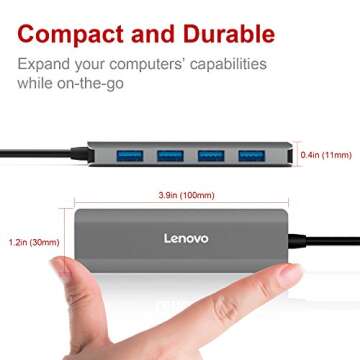 Lenovo USB 3.0 Hub, 4 Ports Aluminum USB 3.0 Data Hub, Slim And Portable, Compatible For USB Type A Devices