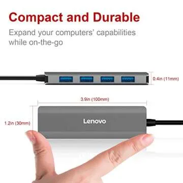 Lenovo USB 3.0 Hub, 4 Ports Aluminum USB 3.0 Data Hub, Slim And Portable, Compatible For USB Type A Devices