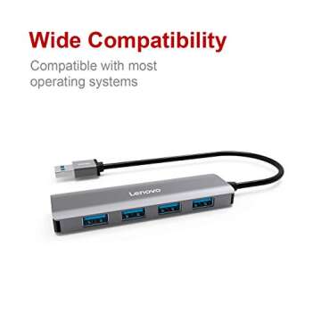 Lenovo USB 3.0 Hub, 4 Ports Aluminum USB 3.0 Data Hub, Slim And Portable, Compatible For USB Type A Devices