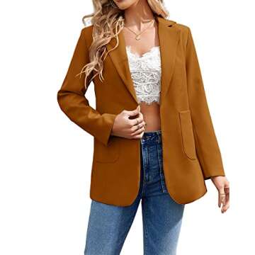 Cnkwei Womens Casual Blazers Open Front Long Sleeve Lapel Collar Work Office Jacket Brown