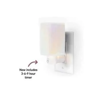 Happy Wax Iridescent Pink Outlet Timer Warmer for Scented Wax - Compact Ceramic Wall Plug in Wax Melt Warmer w/Timer - Wax Melter for Home Fragrance - Small Wax Warmer w/Removable Silicone Dish