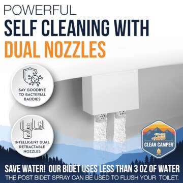 Clean Camper The Original RV Bidet Self-Cleaning Dual Nozzles | Non-Electric, Reversible Design | Easy Installation, RV Waterline Compatible | Adjustable Gentle Water Pressure | Eco-Friendly