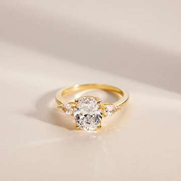 EAMTI 3CT 925 Sterling Silver Gold Engagement Rings 3-Stone Oval Cut Cubic Zirconia CZ Wedding Promi...