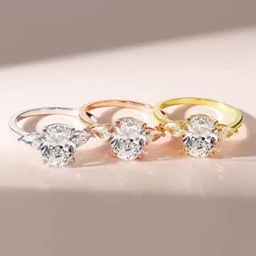 EAMTI 3CT 925 Sterling Silver Gold Engagement Rings 3-Stone Oval Cut Cubic Zirconia CZ Wedding Promise Rings for Her Wedding Bands for Women Size 5.5