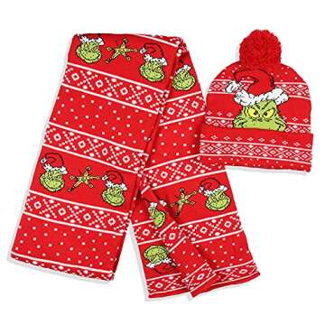 Dr. Seuss GRINCH Who Stole Christmas Knit Scarf & Pom Beanie Set