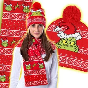 Grinch Holiday Scarf and Beanie Set for All Ages