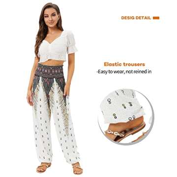 QIANXIZHAN Women's Harem Pants, High Waist Yoga Boho Trousers with Pockets White M