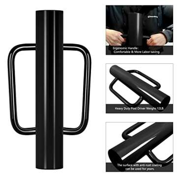 Gtongoko 12LB T Post Driver with Handles Heavy Duty Fence Post Driver Post Pounder for T-Posts，U Channel，Metal Post and Sign Post Pole Driver Tool,17 Inch Black