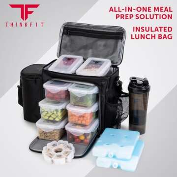 ThinkFit Large Black Meal Prep Lunch Bag, 8 Portion Control Containers, Pill Dispenser, Shaker Cup & 2 XL Reusable Ice Packs