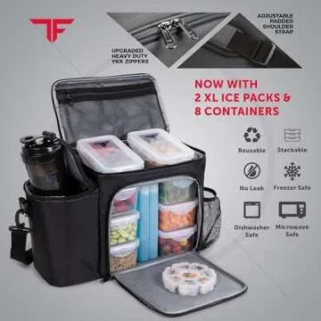 ThinkFit Large Black Meal Prep Lunch Bag, 8 Portion Control Containers, Pill Dispenser, Shaker Cup & 2 XL Reusable Ice Packs