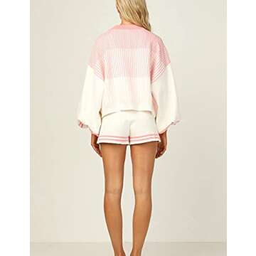 Gihuo Women' s Striped 2 Piece Outfits Crewneck Knit Pullover Sweater Shorts Set Wide Leg Matching Set Loungewear(White-M)