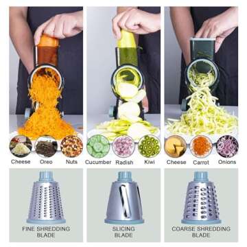 Mannilayco Rotary Cheese Grater - 3 Blade Handheld Kitchen Tool with Suction Base