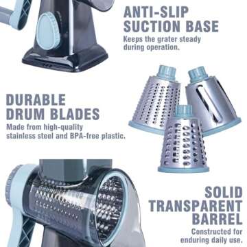 Mannilayco Rotary Cheese Grater with 3 Blades for Easy Use