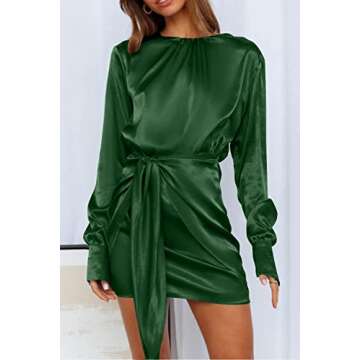 PRETTYGARDEN Women's Spring Satin Dress Long Sleeve Tie Waist Elegant Cocktail Party Mini Fall Dress...