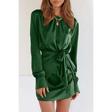 PRETTYGARDEN Women's Spring Satin Dress Long Sleeve Tie Waist Elegant Cocktail Party Mini Fall Dresses(Dark Green,Medium)