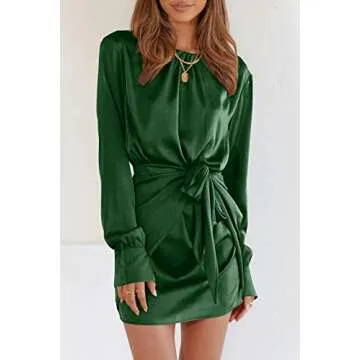 PRETTYGARDEN Women's Spring Satin Dress Long Sleeve Tie Waist Elegant Cocktail Party Mini Fall Dresses(Dark Green,Medium)