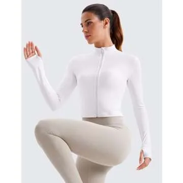 CRZ YOGA Womens Butterluxe Full Zip Cropped Workout Jacket Slim Fit Lightweight Athletic Yoga Tops with Thumb Holes White Medium