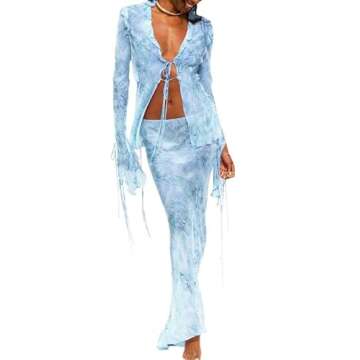 Elegant Blue Maxi Skirt Set with Lace Trim Cami Top - Sexy 2Pcs Outfit