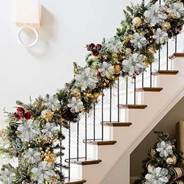 Phliofd 15 Pcs Poinsettia Flowers Artificial Poinsettia Christmas Decorations Christmas Flowers Silver Christmas Tree Ornaments for Home Wedding Wreath Holiday Decor