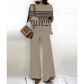 ETCYY NEW Womens Elegant Lounge Sets Knitted Sweatsuit Sets 2 Piece Outfits with Sweater Tops and Wide Leg Sweatpants