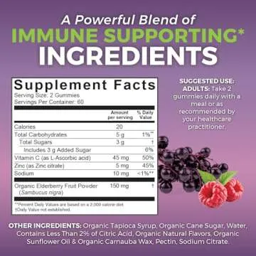 Viva Naturals Organic Sambucus Elderberry Gummies for Adults (120 Count) - 3in1 Black Elderberry Vit...