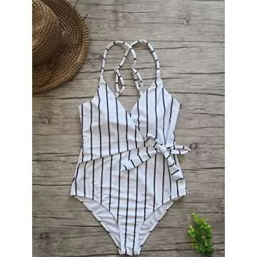 Fantastic Zone White Black Stripe One-Piece Swimsuit Beach Swimwear Bathing Suit, XL