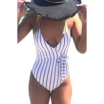 Fantastic Zone White Black Stripe One-Piece Swimsuit Beach Swimwear Bathing Suit, XL