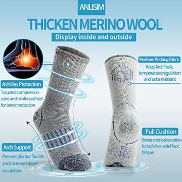 Anlisim Kids Merino Wool Hiking Socks Boys Girls Thermal Winter Warm Boot Thick Snowboarding Socks 4 Pairs for Teen(Color Mix,8-12 Y)