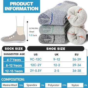 Anlisim Kids Merino Wool Hiking Socks Boys Girls Thermal Winter Warm Boot Thick Snowboarding Socks 4 Pairs for Teen(Color Mix,8-12 Y)