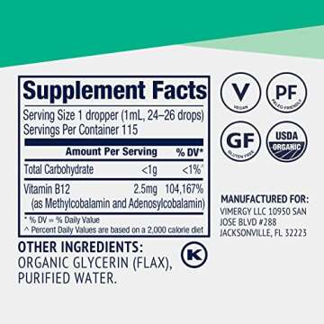 Vimergy Liquid B12 – Fast-Absorbing Brain Support – Energy Support Supplement – USDA Certified Organic, Vegan, Non-GMO – 115 Servings (115 mL)