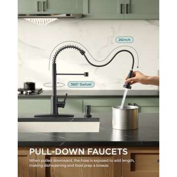 FORIOUS Black Kitchen Sink Faucet with Pull Down Sprayer, Stainless Steel Commercial Single Handle C...