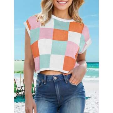 Womens Spring Crop Tops 2025 Cap Short Sleeve Sweater Vest Tank Loose Shirts Business Vacation Outfits Trendy Fall Summer Top Pink