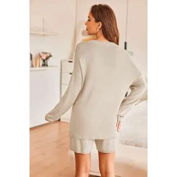 Ekouaer Pajamas Womens 2 Piece Lounge Set Cozy Knit Long Sleeve Sweater Shorts Set Oversized Matching Outfits Grey,Small