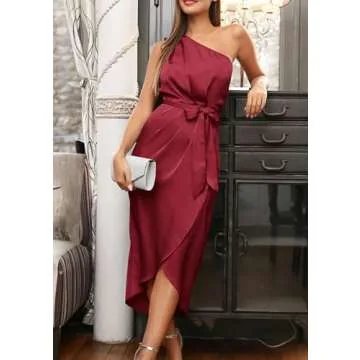 PRETTYGARDEN Women's Summer Ruched Bodycon Dress Sleeveless One Shoulder Wrap Satin Wedding Guest Cocktail Midi Dress(Dark Red,X-Large)