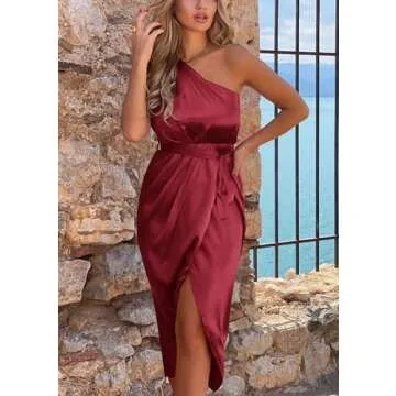PRETTYGARDEN Women's Summer Ruched Bodycon Dress Sleeveless One Shoulder Wrap Satin Wedding Guest Cocktail Midi Dress(Dark Red,X-Large)