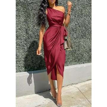PRETTYGARDEN Women's Summer Ruched Bodycon Dress Sleeveless One Shoulder Wrap Satin Wedding Guest Cocktail Midi Dress(Dark Red,X-Large)