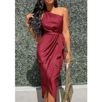 PRETTYGARDEN Women's Summer Ruched Bodycon Dress Sleeveless One Shoulder Wrap Satin Wedding Guest Cocktail Midi Dress(Dark Red,X-Large)