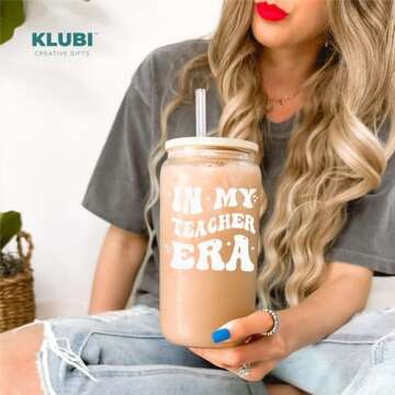 KLUBI Teacher Gifts For Women - In My Teacher Era Cup with Lids and Straws 16 Ounce Coffee Tumbler Mug, Personalized Gifts for Her Graduation, New Job, Birthday