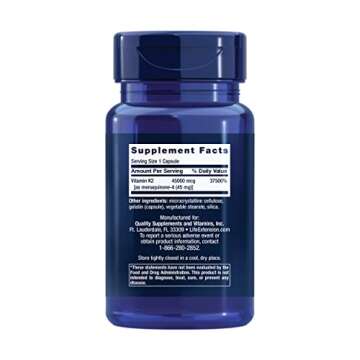 Life Extension Mega Vitamin K2 High Potency for Strong Bones, clinically Studied 45 mg K2 Dosage, Promotes Healthy Bone Density, Gluten-Free, Non-GMO, 30 Capsules