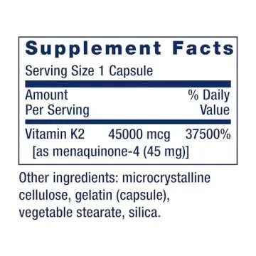 Life Extension Mega Vitamin K2 High Potency for Strong Bones, clinically Studied 45 mg K2 Dosage, Promotes Healthy Bone Density, Gluten-Free, Non-GMO, 30 Capsules