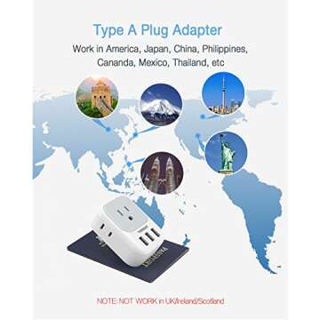 TESSAN US to Japan Plug Adapter, 2 Prong to 3 Prong Outlet Adapter with 4 AC and 3 USB Charger, Type...